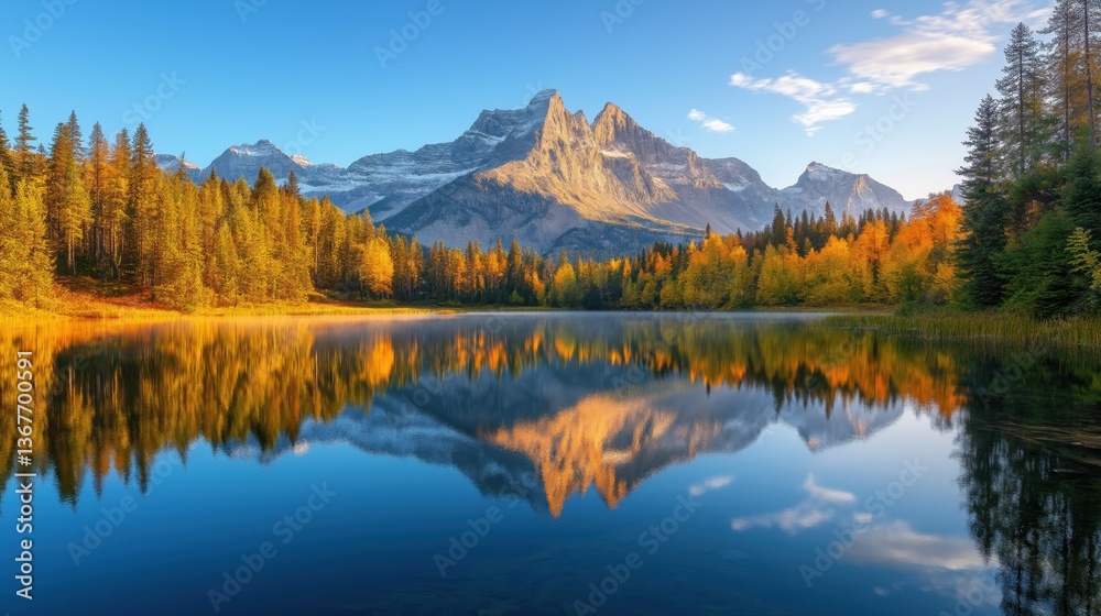 Fototapeta premium A serene alpine lake reflecting a majestic mountain peak at sunrise, with vibrant autumnal forests lining the shores