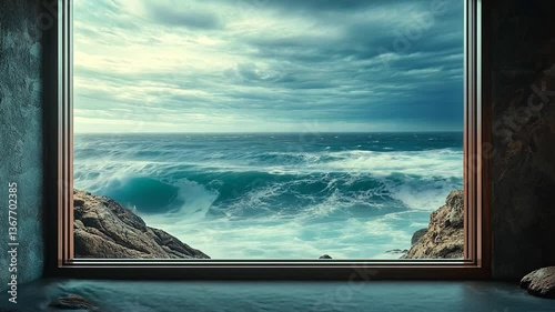 Dramatic Ocean View Through Window Frame with Crashing Waves and Cloudy Skies