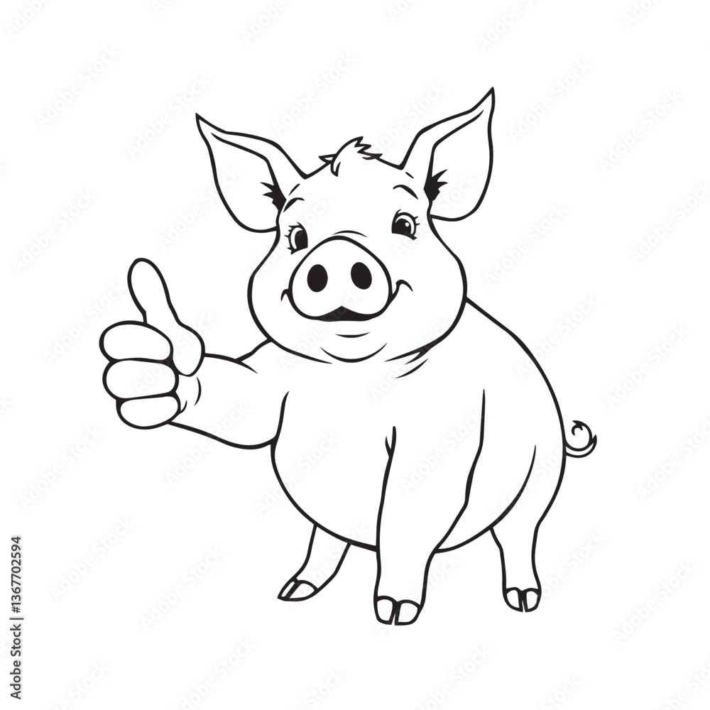 Continuous one black line art drawing a pig giving a thumbs up design vector. Continuous one black line art drawing a pig giving a thumbs up design vector.