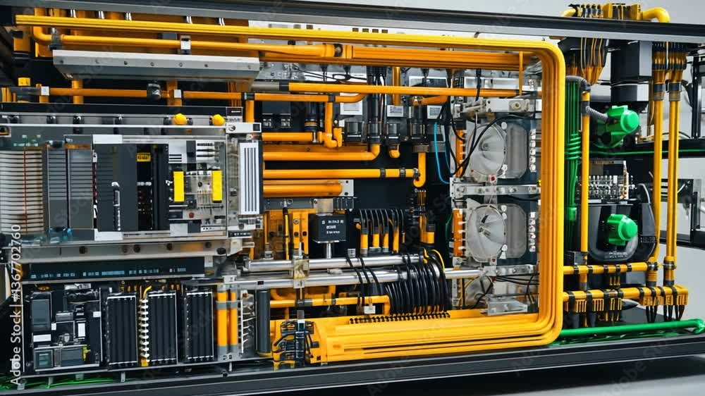 Close-up of a complex industrial machine featuring intricate tubing and electronics inside a frame Close-up of a complex industrial machine featuring intricate tubing and electronics inside a frame