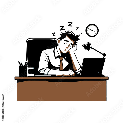 Tired man sleeping at his desk  logo  vector isolated white background