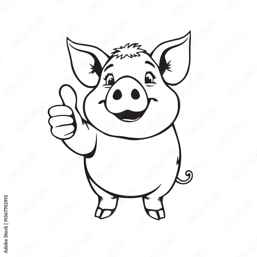Continuous one black line art drawing a pig giving a thumbs up design vector. Continuous one black line art drawing a pig giving a thumbs up design vector.