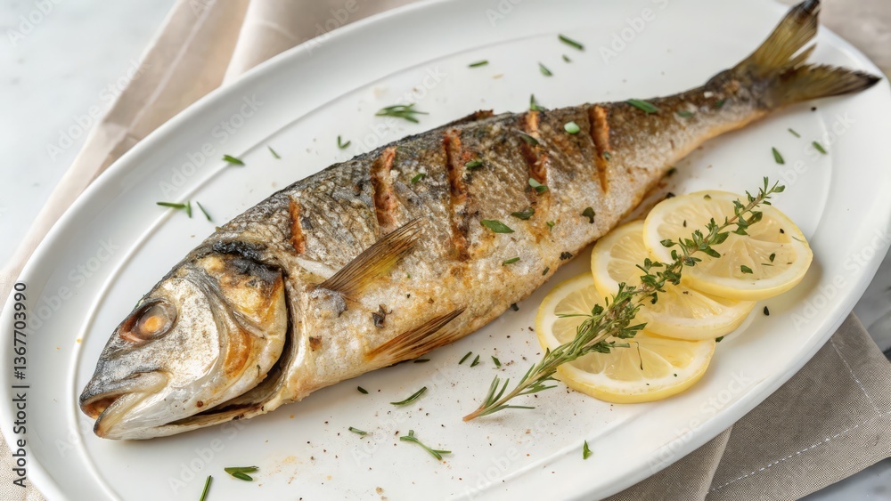 Grilled Whole Fish with Lemon Slices and Fresh Herbs on a White Plate
Grilled Whole Fish with Lemon Slices and Fresh Herbs on a White Plate