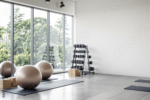 Gym interior with exercise balls, dumbbells, and yoga mats in a minimalist style on a clean indoor floor, large windows show green outdoor view. Ai generative