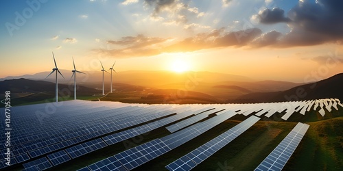 An aerial view of solar panels and wind turbines against the backdrop of an open field at sunset, 
