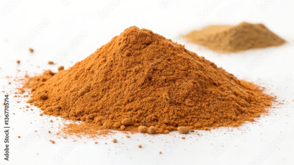 Pile of Ground Cinnamon Powder with Cinnamon Sticks on White Background
Pile of Ground Cinnamon Powder with Cinnamon Sticks on White Background