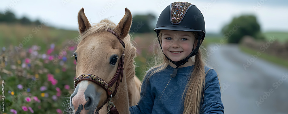 Obraz premium Happy young girl in a riding helmet with her palomino pony. A heartwarming image perfect for equestrian websites, childrens books, or articles about animal companionship and childhood adventures.