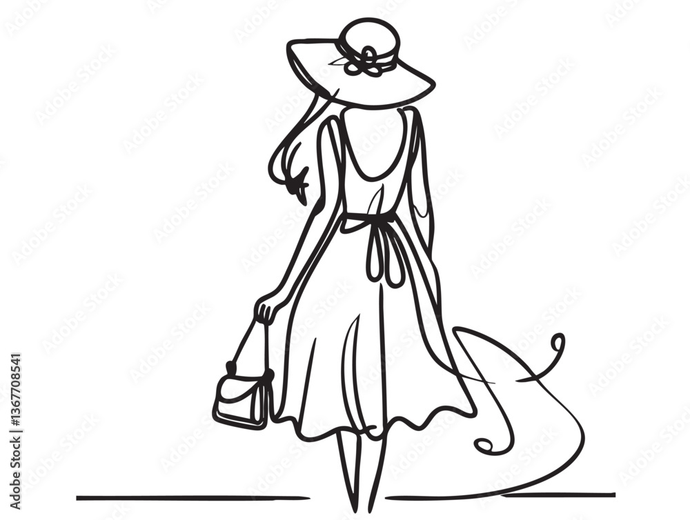 Fashionable Woman in Dress Hat and Bag. Summer girl sketch Fashionable Woman in Dress Hat and Bag. Summer girl sketch
