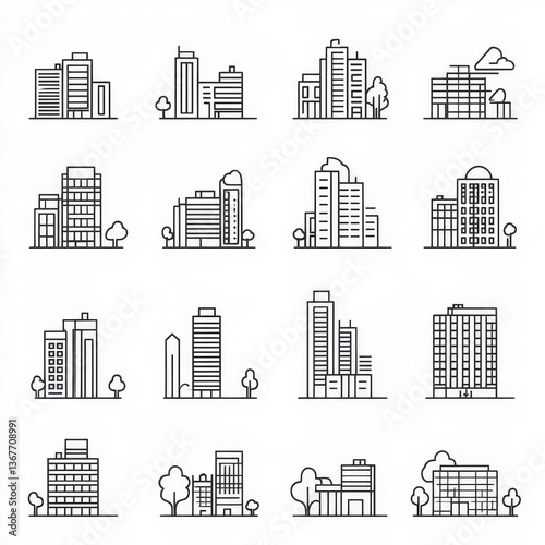 Cities and city buildings, a set of icons in a linear design. Urban cityscape, office and apartment buildings. lines with editable stroke