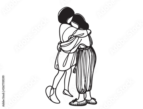 Mom with her female child in continuous line art drawing style. Mother and daughter hugging
