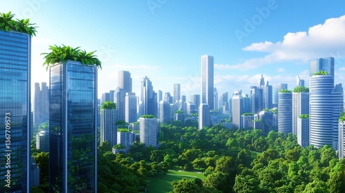 A vibrant cityscape featuring modern skyscrapers adorned with greenery, nestled among lush trees under a clear blue sky, Green Technology.