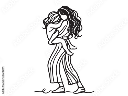 Mom with her female child in continuous line art drawing style. Mother and daughter hugging