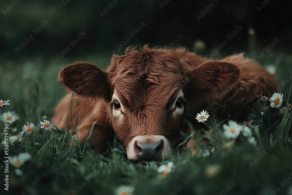 Cute calf resting in meadow with wildflowers Cute calf resting in meadow with wildflowers