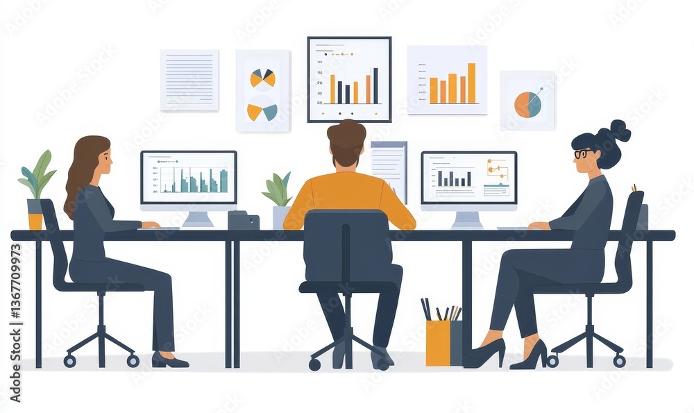 Working with analytics - casual business people working on computers with graphs and charts. Flat design illustration with white background Working with analytics - casual business people working on computers with graphs and charts. Flat design illustration with white background
