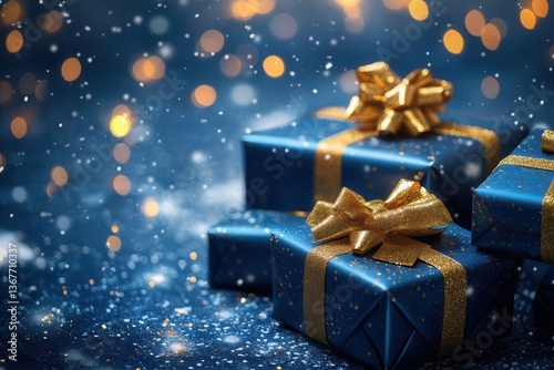 Blue gift boxes with gold bows on blurred blue holiday background for a festive atmosphere