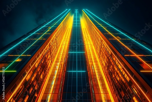 A high-rise building with a unique, modern design and illuminated by abstract light patterns at night