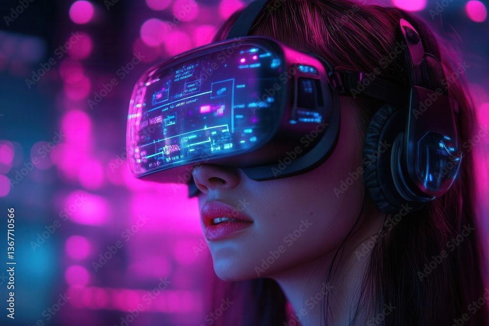 cyberpunk portrait featuring woman in futuristic vr headset surrounded by holographic interface elements and electric purple lighting