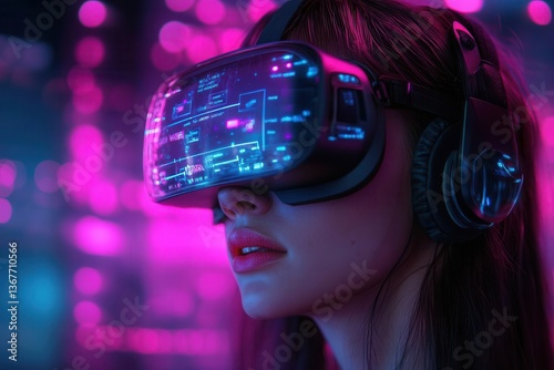 Obraz na płótnie cyberpunk portrait featuring woman in futuristic vr headset surrounded by holographic interface elements and electric purple lighting w salonie