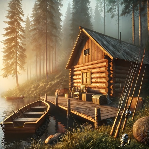 Rustic log cabin by a misty lake with fishing gear