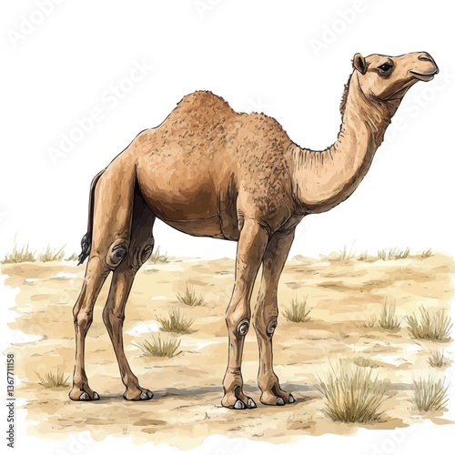 A watercolor painting of a camel, isolated on a white background. Camel vector.

