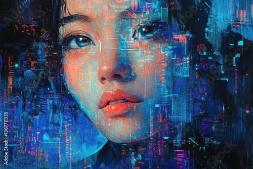 cyberpunk portrait of woman behind holographic glass neon geometric patterns reflecting across face atmospheric fog electric blue accents
