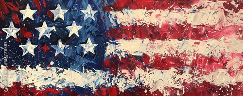 Abstract oil painting of the american flag with blue, red, and white as its primary hues
