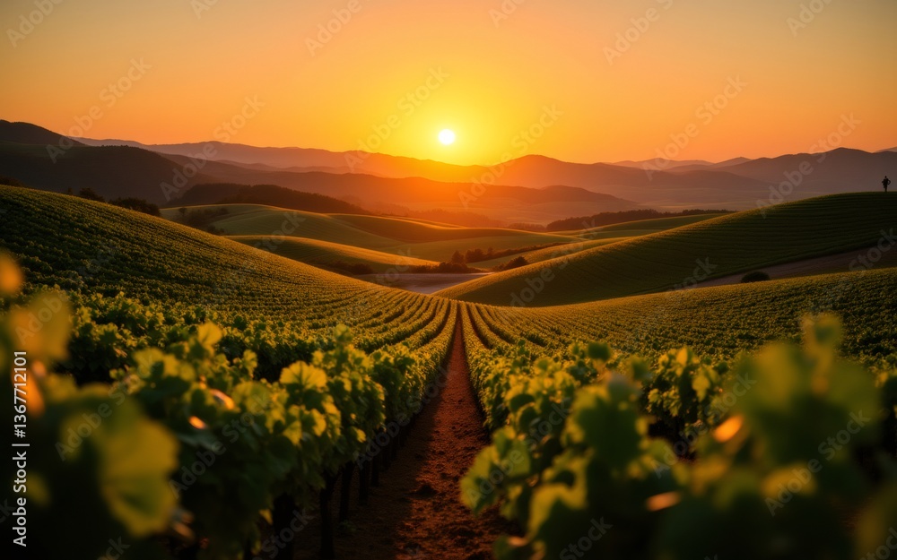 Fototapeta premium A serene sunset over rolling hills covered in lush green vineyards, casting a warm glow across the landscape