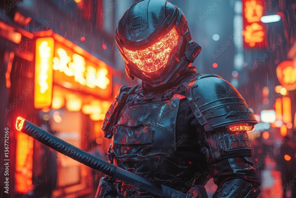 cyberpunk samurai warrior in neonlit alley holographic armor details electric katana dynamic action pose