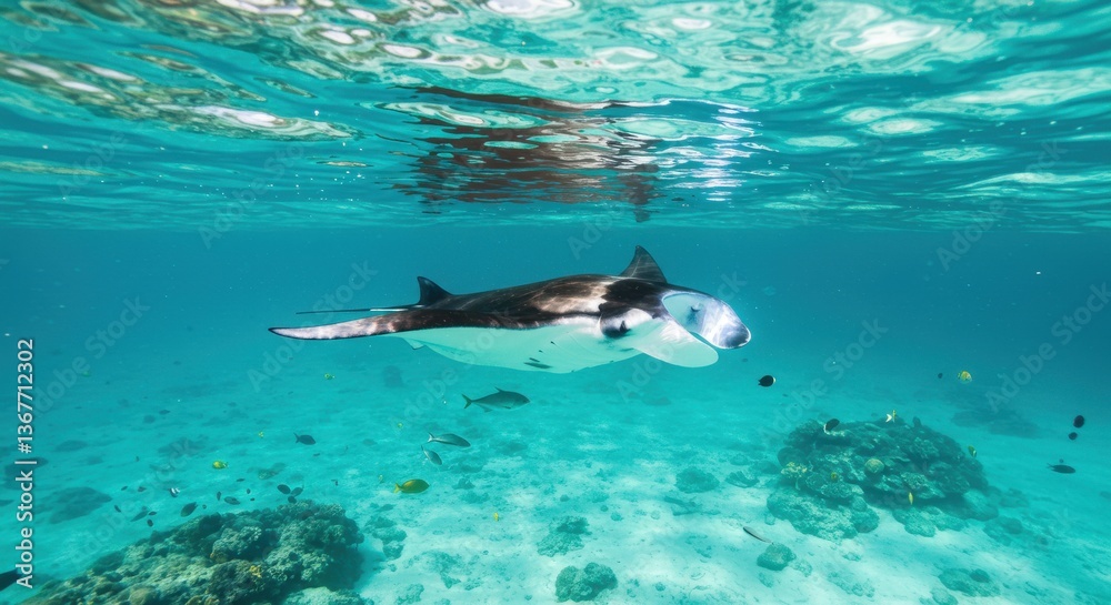 Naklejka premium Graceful manta ray gliding through clear turquoise waters near coral reef