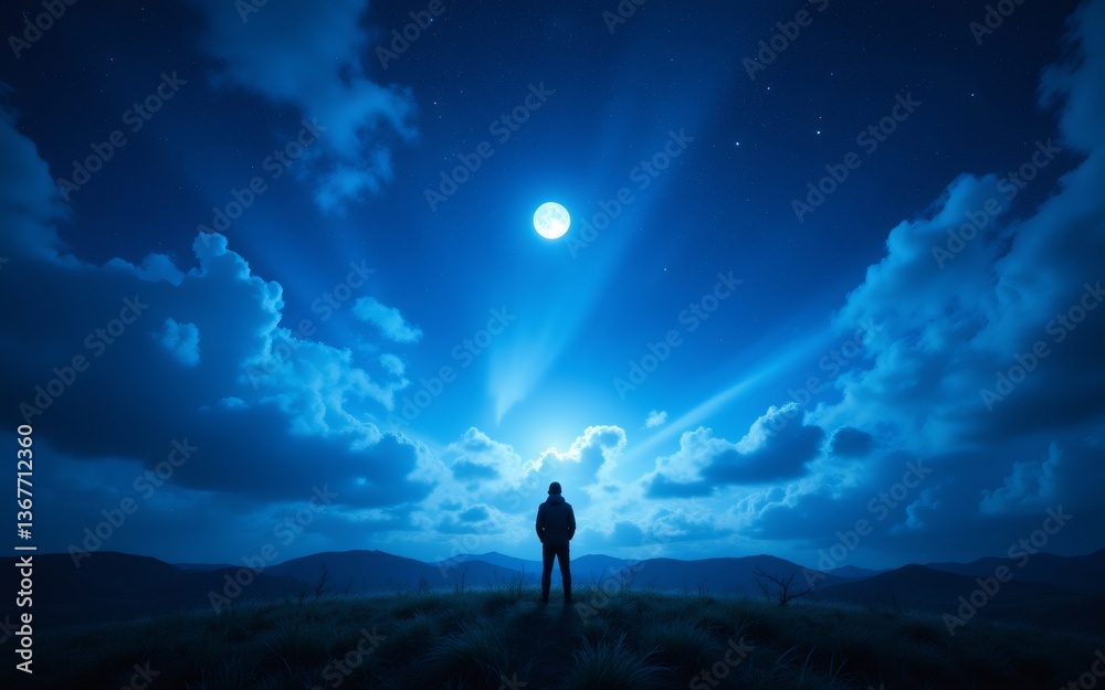 Fototapeta premium A person stands on a hilltop, gazing at a bright moon surrounded by dramatic clouds and starry skies