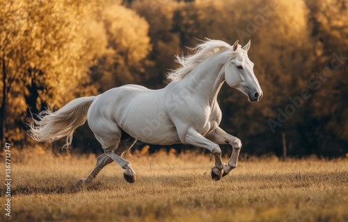 White Horse Galloping Freely in a Golden Field at Sunset