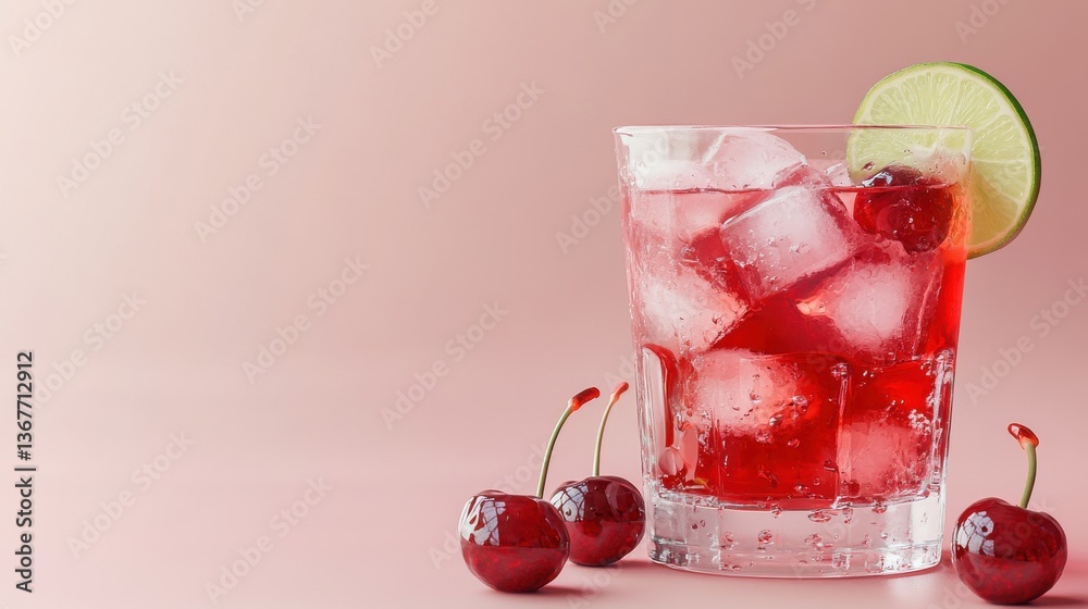 A refreshing cherry drink with ice and lime on a pink background.