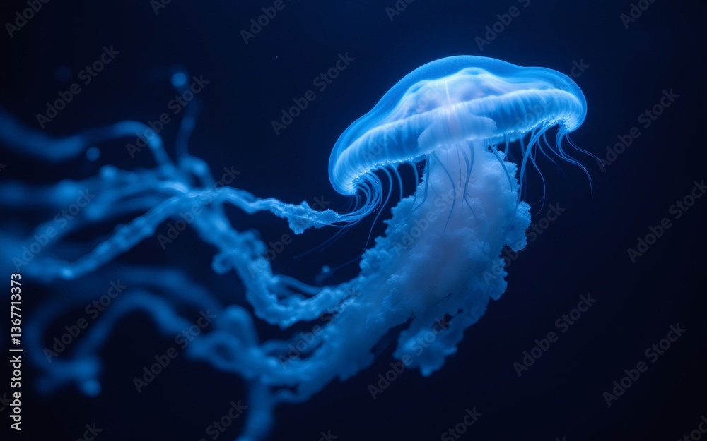 Obraz premium A bioluminescent jellyfish gliding gracefully through dark waters, displaying ethereal blue hues and delicate tentacles