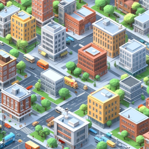 Isometric info graphic city streets with different buildings, houses, shops and skyscrapers. Transport and people. Low poly style