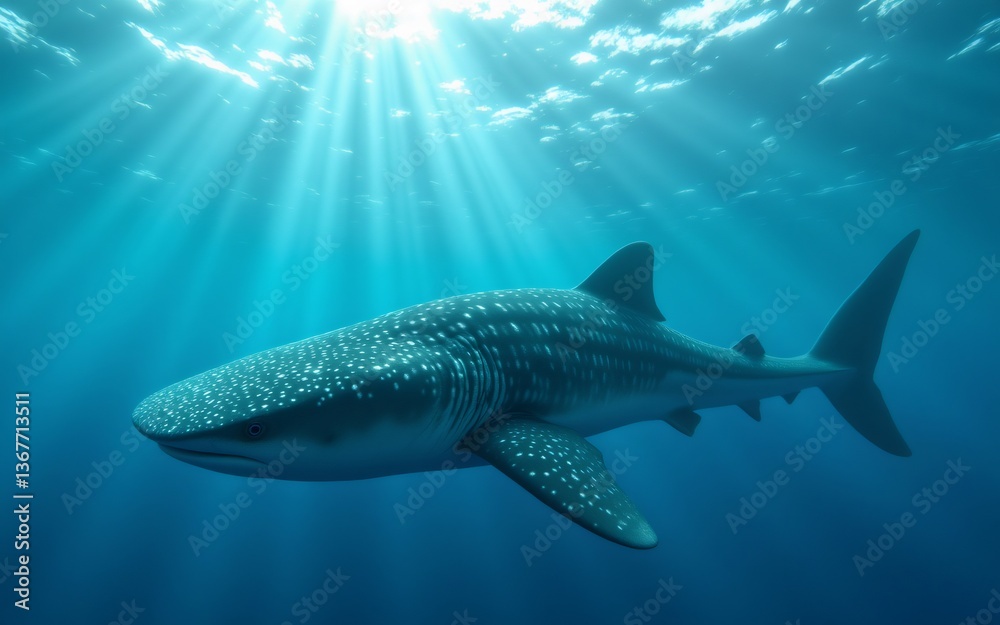 Naklejka premium A large fish with a spotted body swims gracefully in a sunlit underwater environment