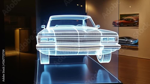 Classic Car Hologram Displayed in Modern Art Exhibition with Futuristic Design