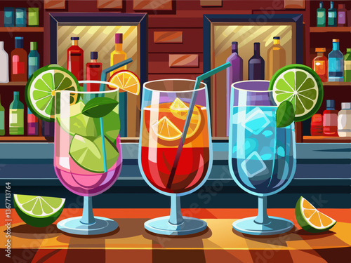 vector of Tree colorful gin and tonic cocktails in glasses on bar counter in pup or restaurant.