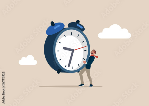 Businessman hold of clock. 24-7 support service,  working hours.  Flat vector illustration.