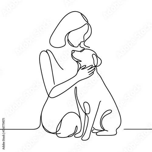 Woman hugging dog in one line art vector style