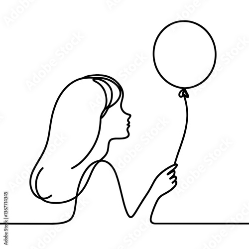 Girl holding balloon in playful one line vector style