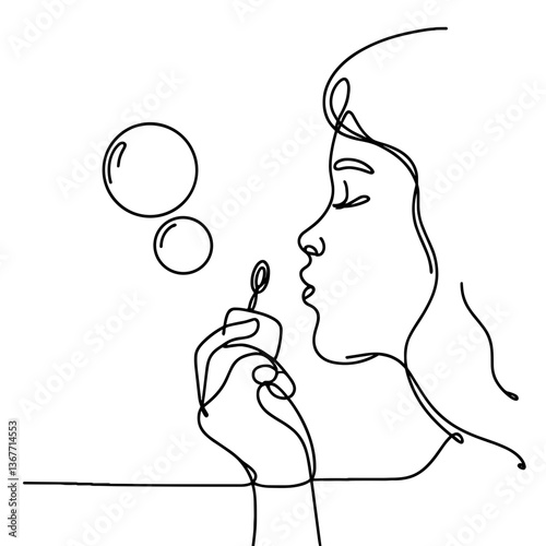 Girl blowing bubbles one line playful vector sketch