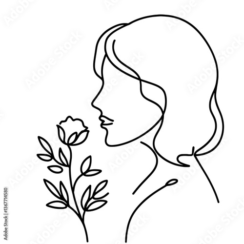 Woman smelling flower in minimalist line art