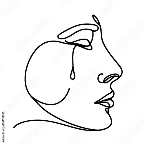 Crying woman face in continuous line art