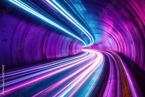 cyberpunk tunnel of streaming neon lights in purple and blue creating an infinite corridor of dynamic light trails