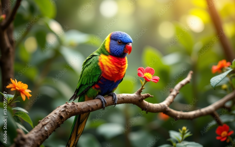 Fototapeta premium A colorful bird perched on a branch among vibrant flowers in a lush garden setting