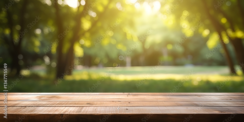 An empty wooden table with a blurred background of a park and trees, green grass in the foreground, the wood grain. bokeh background An empty wooden table with a blurred background of a park and trees, green grass in the foreground, the wood grain. bokeh background