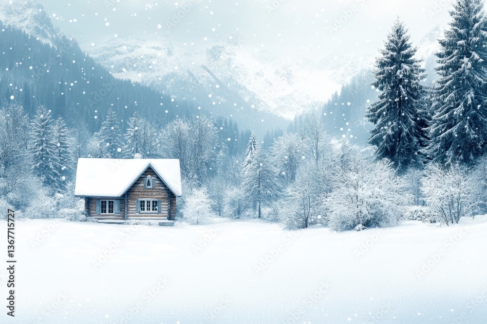 Naklejka premium Snowy landscape with a cozy cabin surrounded by towering pine trees and mountains