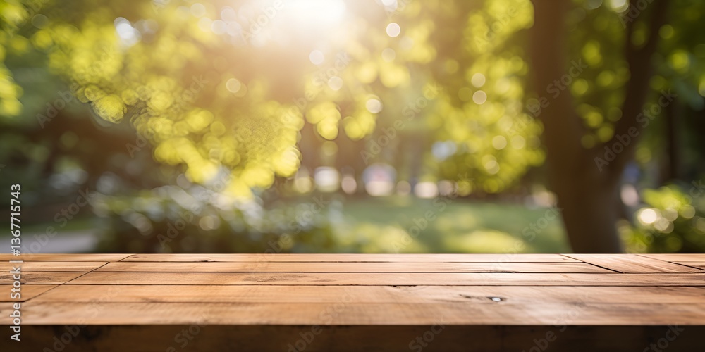An empty wooden table with a blurred background of a park and trees, green grass in the foreground, An empty wooden table with a blurred background of a park and trees, green grass in the foreground,