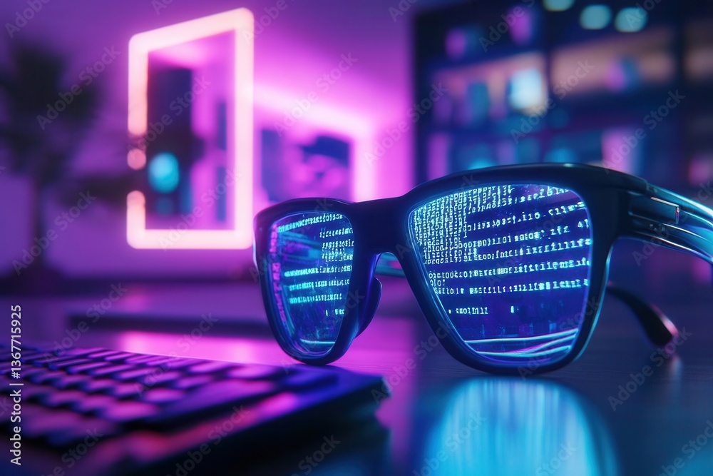 cyberpunkinspired workspace with holographic displays neonlit mechanical keyboard and lines of glowing code reflected in sleek glasses worn by programmer