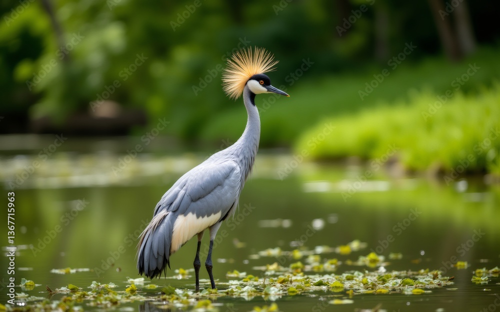 Naklejka premium A striking bird with a golden crown stands gracefully by a serene water body surrounded by lush greenery